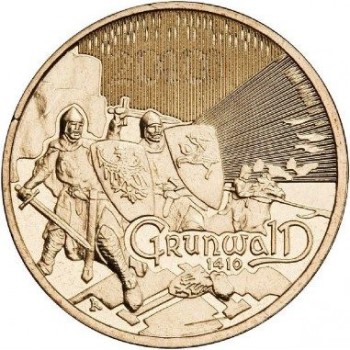 Rewers monety 2-złotowej z serii "Wielkie bitwy" z 2010 roku w temacie Grunwald, Kłuszyn